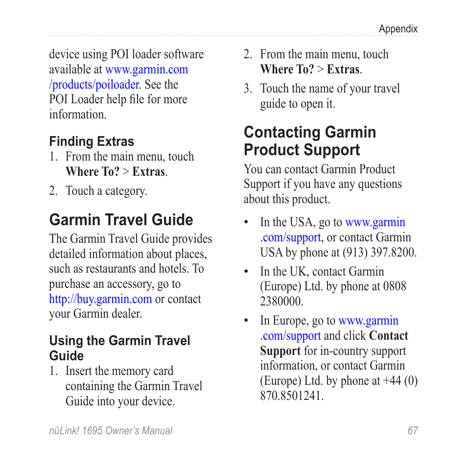 Garmin travel guide, Contacting garmin product support, Contacting garmin product | Support | Garmin nuLink! 1695 User Manual | Page 73 / 84