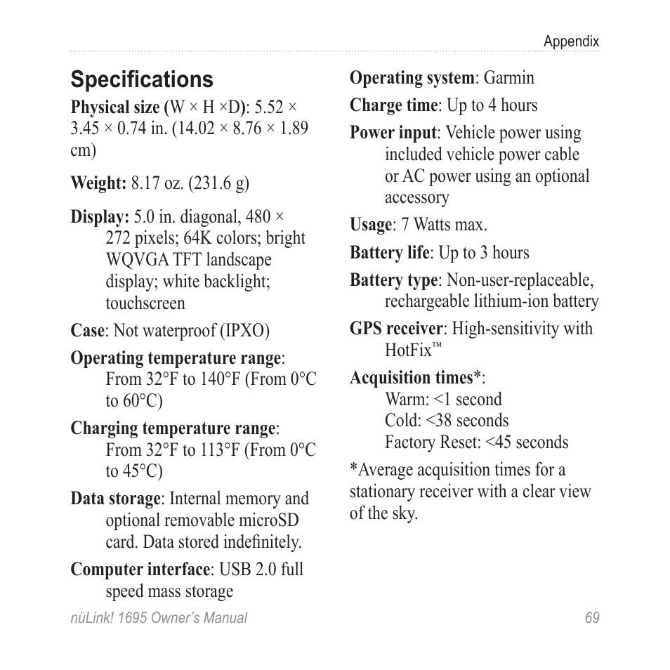 Specifications | Garmin nuLink! 1695 User Manual | Page 75 / 84