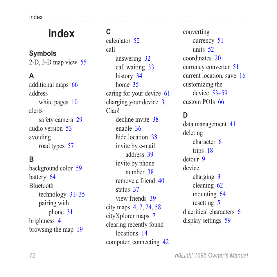 Index | Garmin nuLink! 1695 User Manual | Page 78 / 84