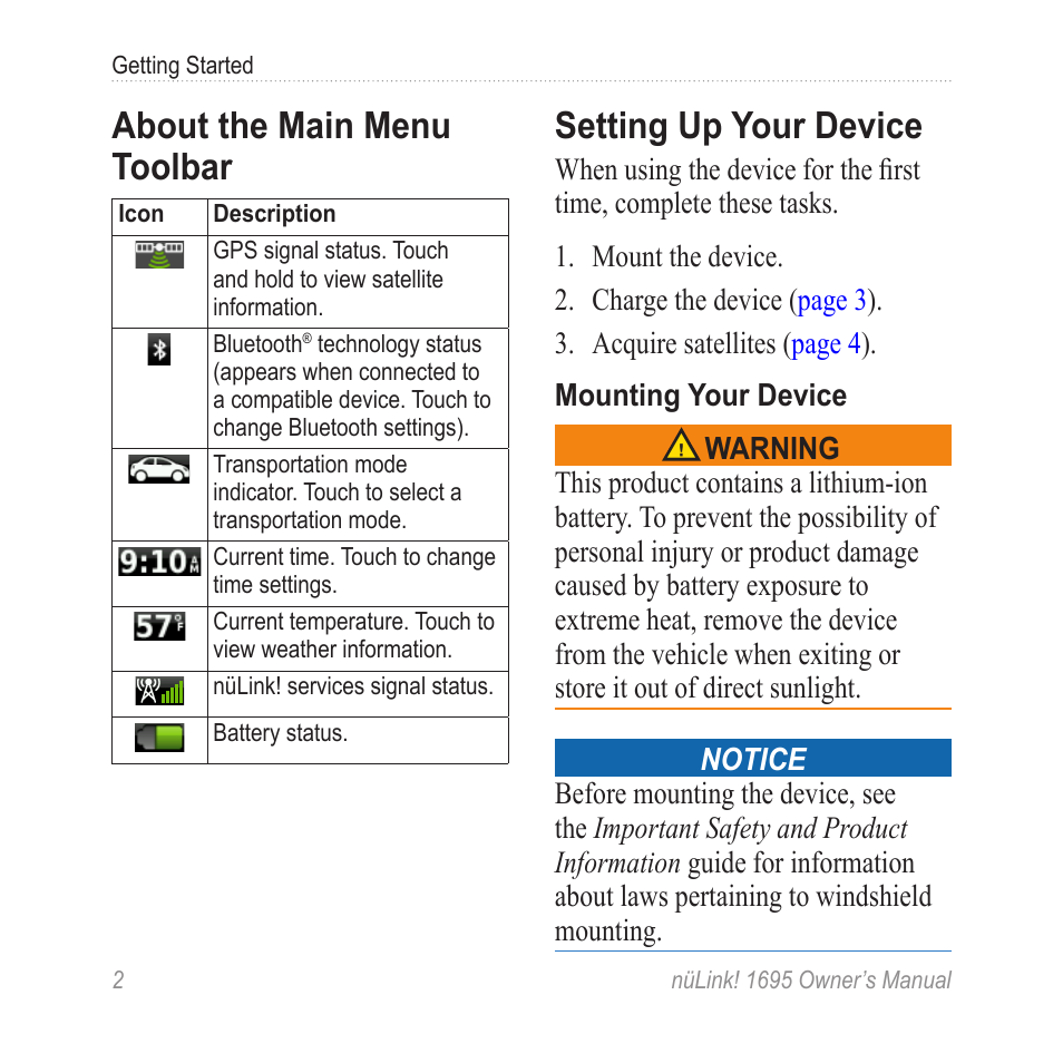 About the main menu toolbar, Setting up your device | Garmin nuLink! 1695 User Manual | Page 8 / 84