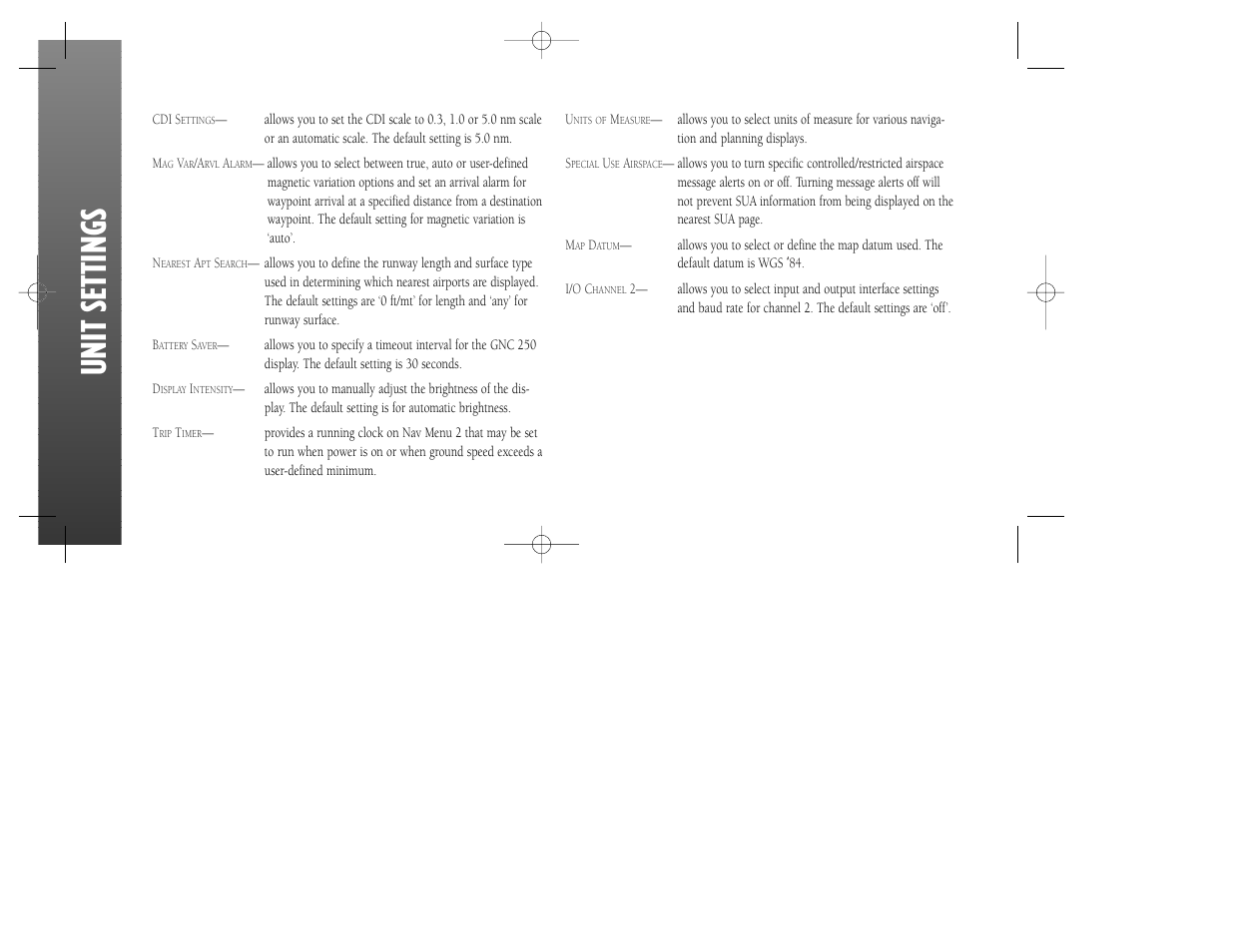 Unit settings | Garmin GNC 250 User Manual | Page 22 / 24