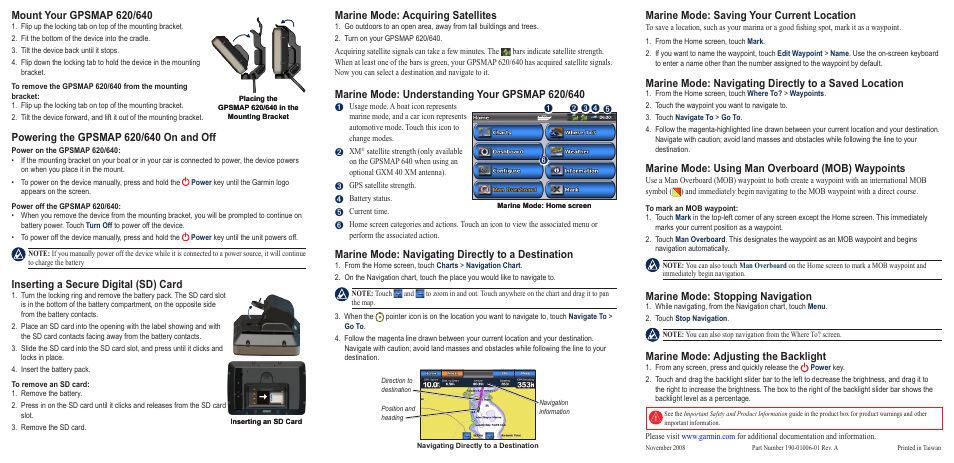 Inserting a secure �igital (s�) card, Marine mode: acquiring satellites, Marine mode: navigating �irectly to a �estination | Marine mode: saving your current location, Marine mode: using man overboard (mob) waypoints, Marine mode: stopping navigation, Marine mode: adjusting the backlight | Garmin GPSMAP 640 User Manual | Page 2 / 2