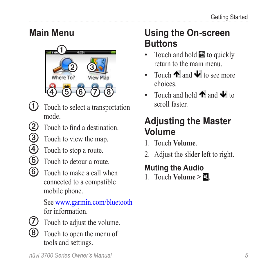 Main menu, Using the on-screen buttons, Adjusting the master volume | Garmin nuvi 3790T User Manual | Page 11 / 80