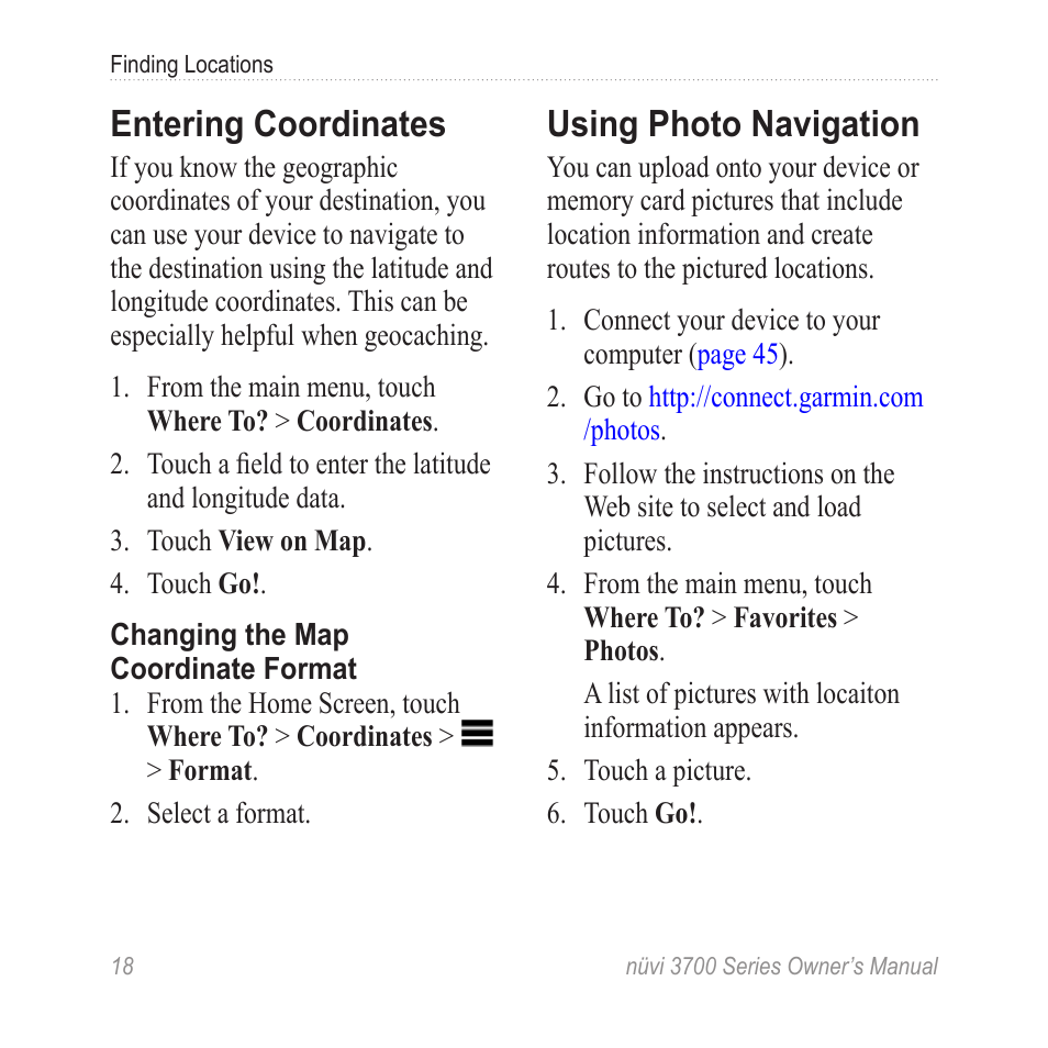 Entering coordinates, Using photo navigation | Garmin nuvi 3790T User Manual | Page 24 / 80