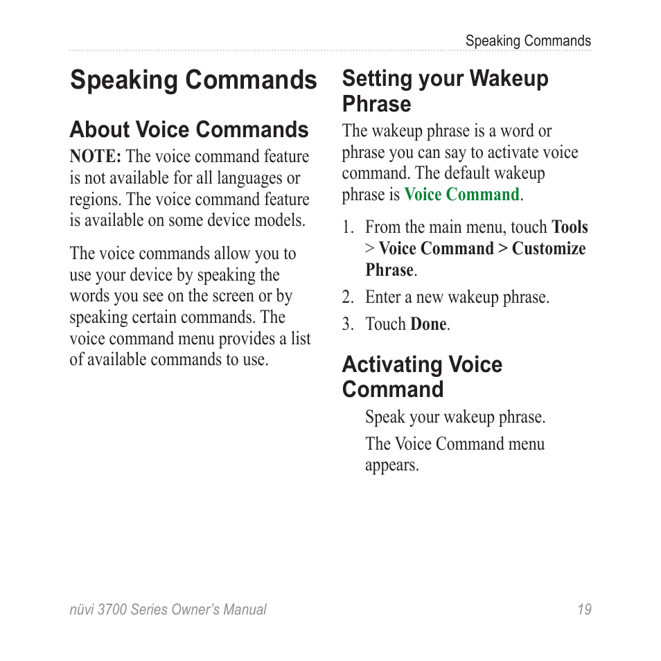 Speaking commands, About voice commands, Setting your wakeup phrase | Activating voice command | Garmin nuvi 3790T User Manual | Page 25 / 80