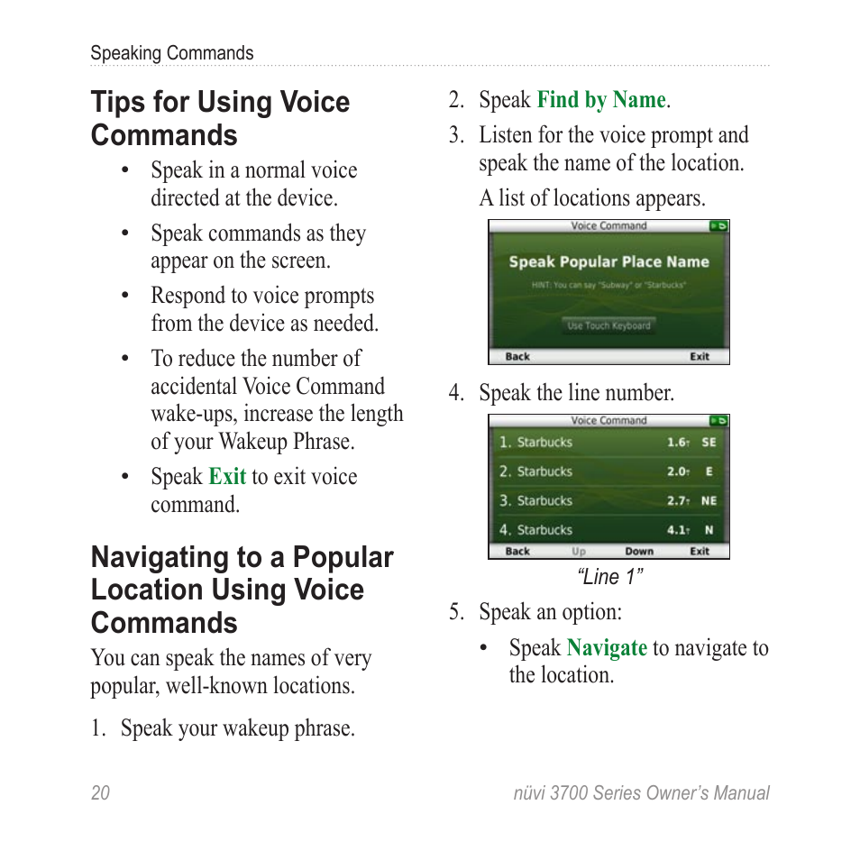 Tips for using voice commands, Tips for using voice, Commands | Navigating to a popular location, Using voice commands | Garmin nuvi 3790T User Manual | Page 26 / 80