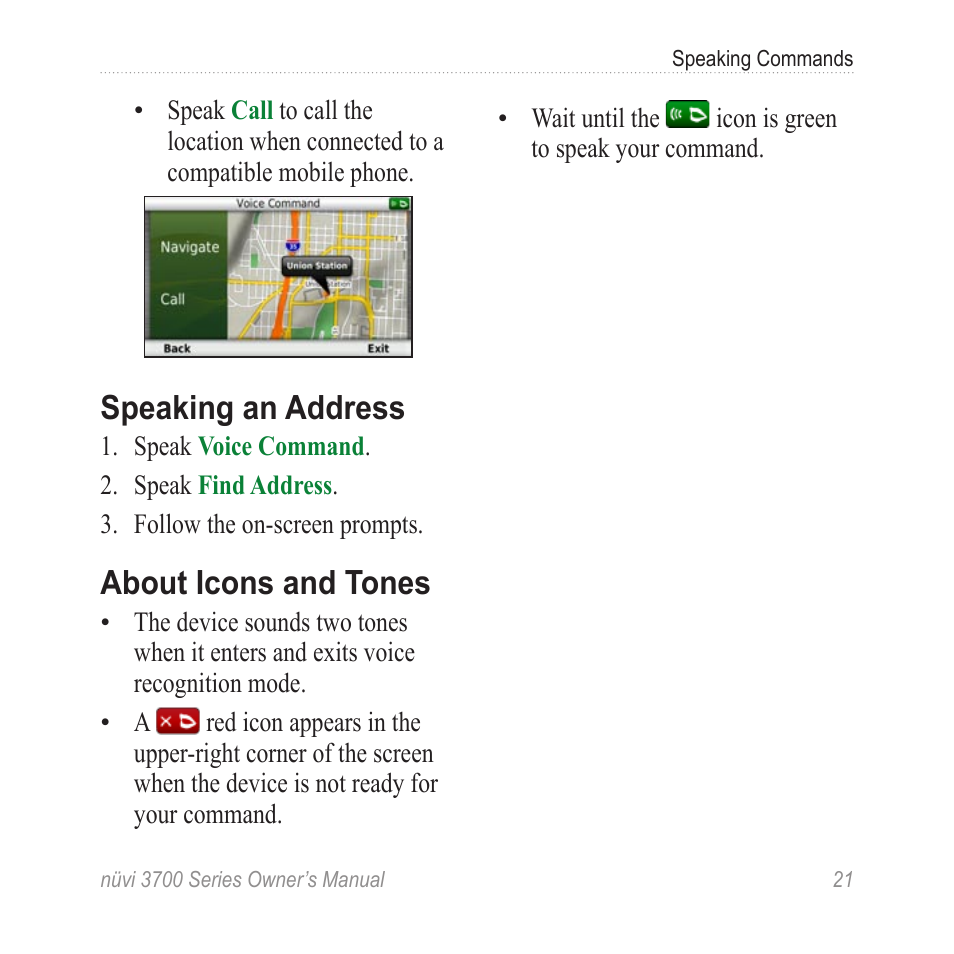 Speaking an address, About icons and tones | Garmin nuvi 3790T User Manual | Page 27 / 80