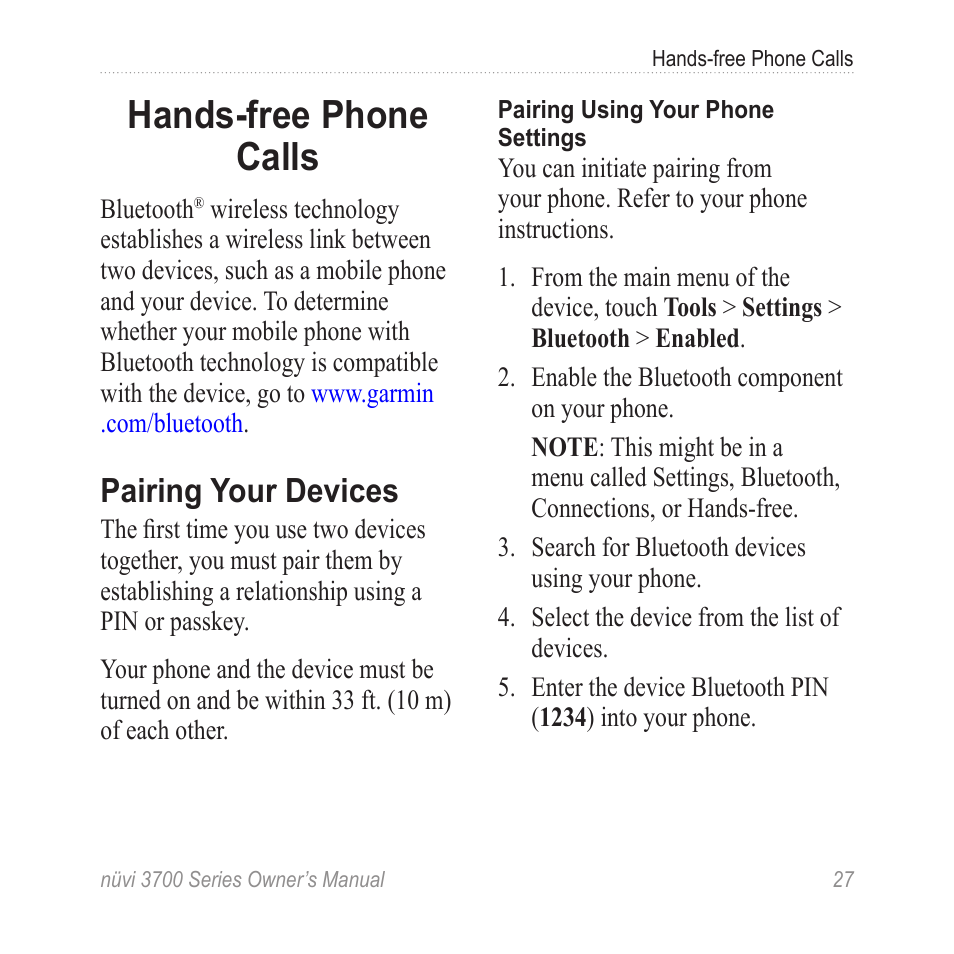 Hands-free phone calls, Pairing your devices | Garmin nuvi 3790T User Manual | Page 33 / 80