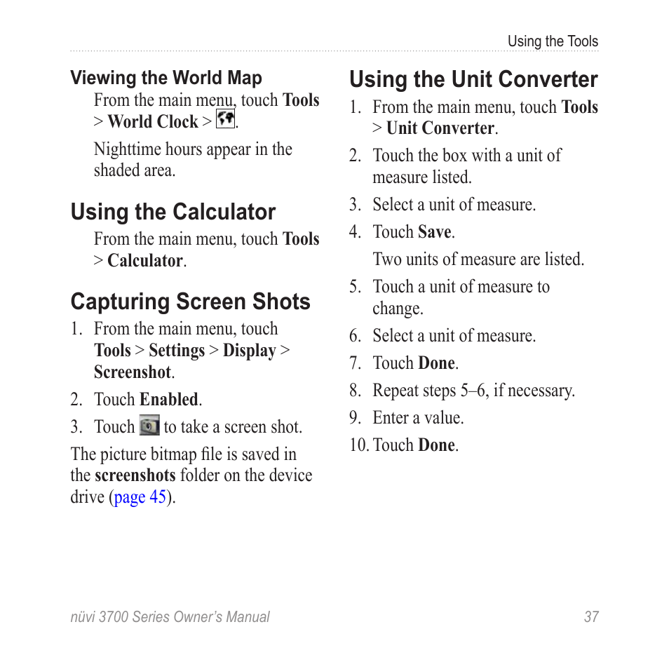 Using the calculator, Capturing screen shots, Using the unit converter | Garmin nuvi 3790T User Manual | Page 43 / 80