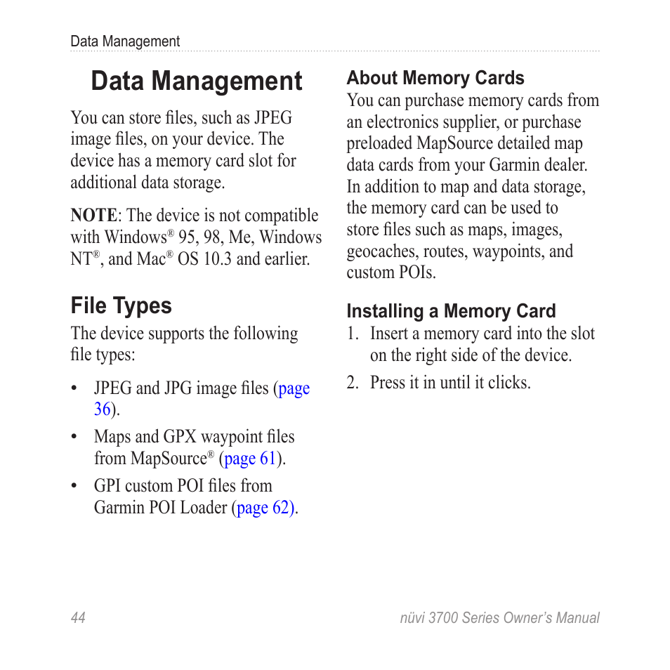 Data management, File types | Garmin nuvi 3790T User Manual | Page 50 / 80