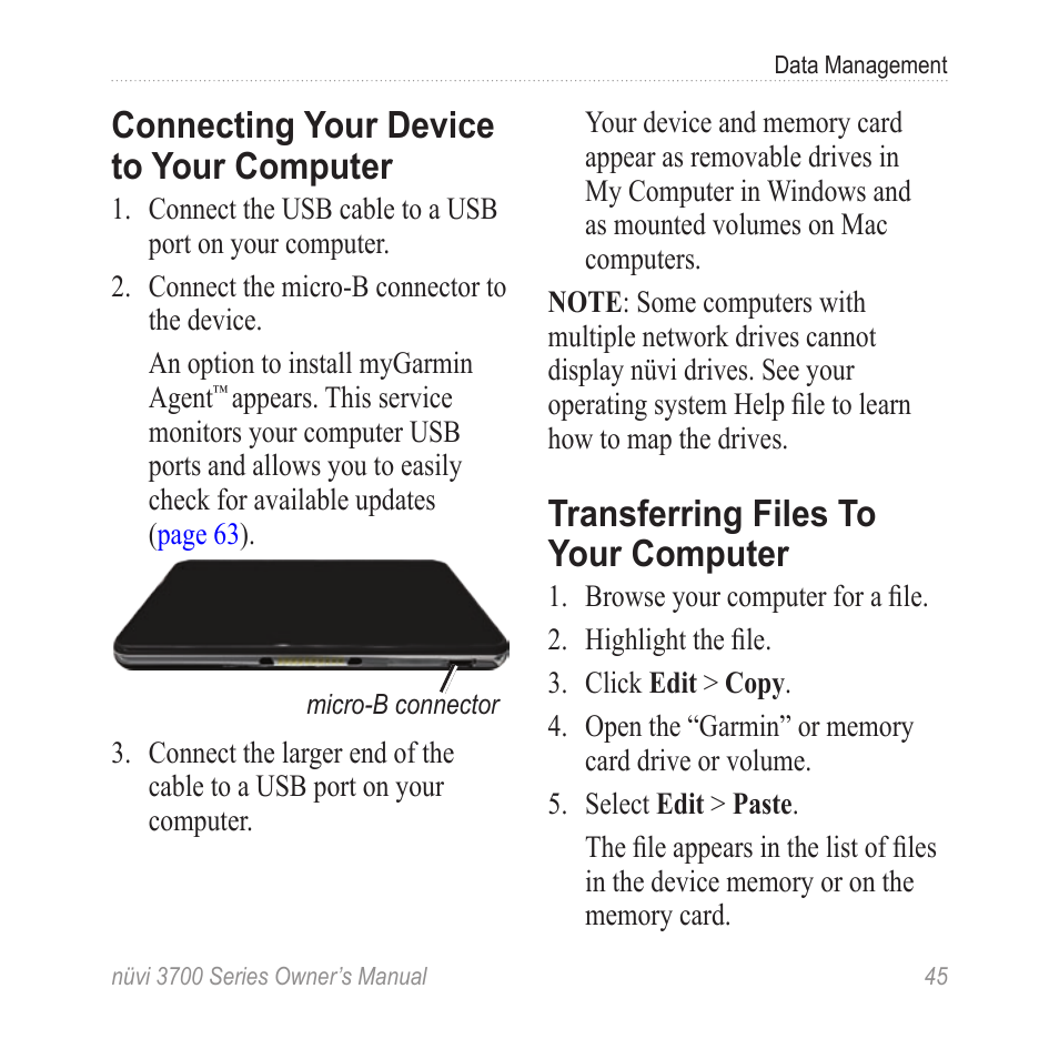 Connecting your device to your computer, Transferring files to your computer, Connecting your device to | Your computer, Transferring files to your, Computer, Usb cable, On your device drive/volume | Garmin nuvi 3790T User Manual | Page 51 / 80