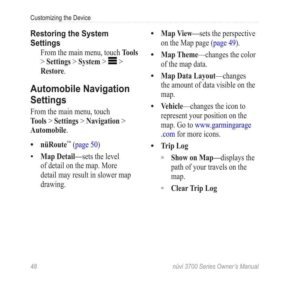 Automobile navigation settings, Automobile navigation, Settings | Garmin nuvi 3790T User Manual | Page 54 / 80
