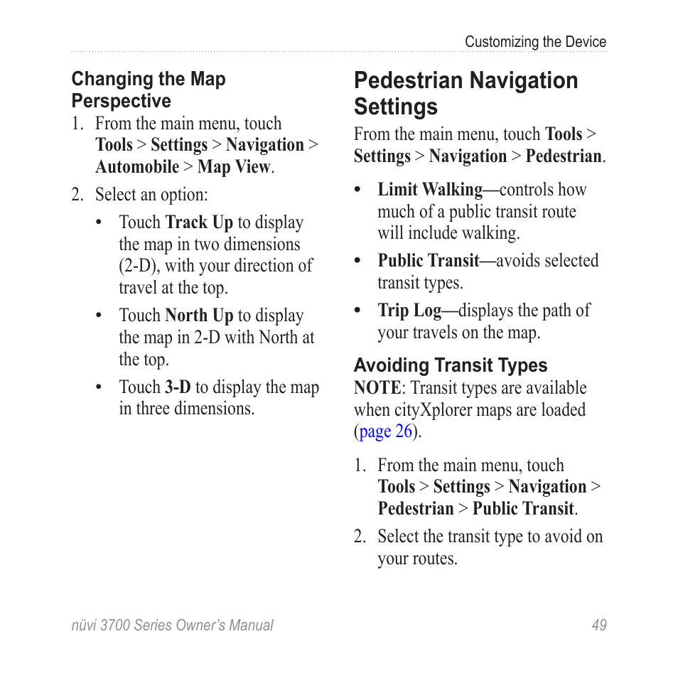 Pedestrian navigation settings, Pedestrian navigation, Settings | Garmin nuvi 3790T User Manual | Page 55 / 80