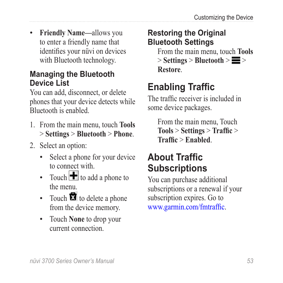 Enabling traffic, About traffic subscriptions | Garmin nuvi 3790T User Manual | Page 59 / 80