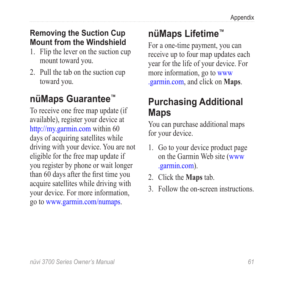 Nümaps guarantee, Nümaps lifetime, Purchasing additional maps | Additional map data | Garmin nuvi 3790T User Manual | Page 67 / 80