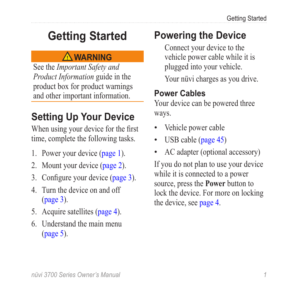 Getting started, Setting up your device, Powering the device | Garmin nuvi 3790T User Manual | Page 7 / 80
