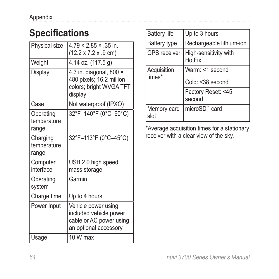Specifications | Garmin nuvi 3790T User Manual | Page 70 / 80