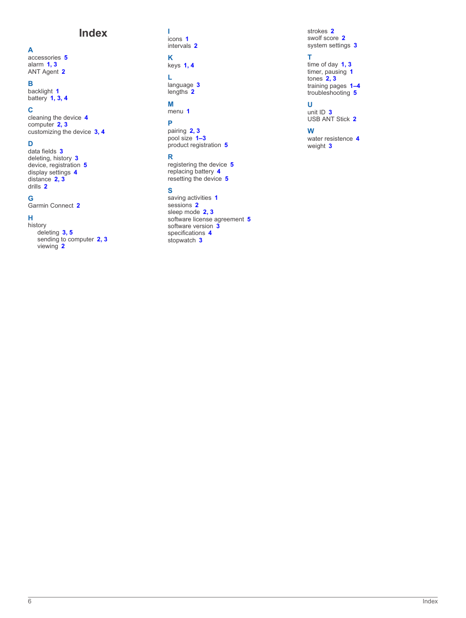 Index | Garmin Swim User Manual | Page 10 / 12