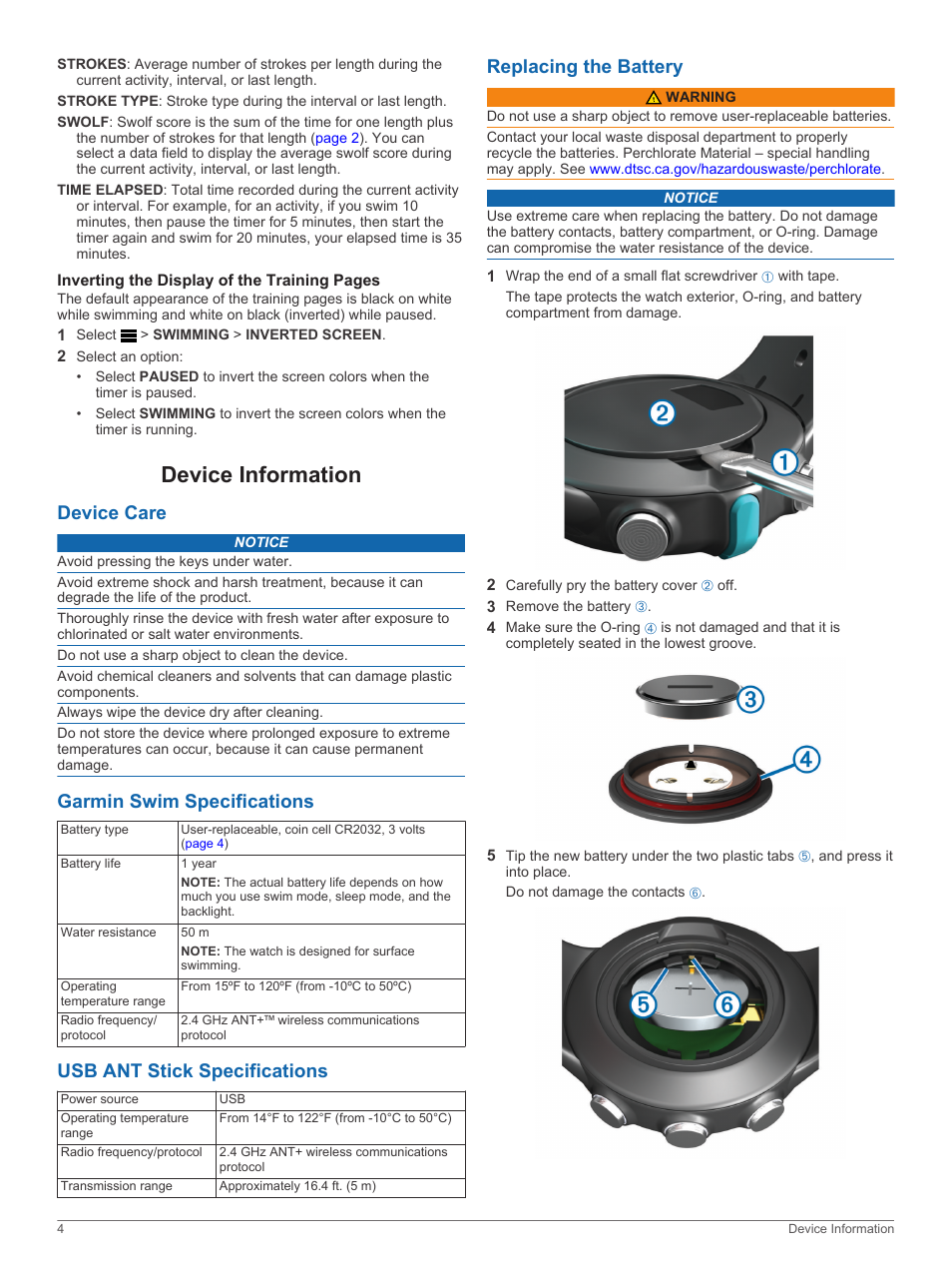 Device information, Device care, Garmin swim specifications | Usb ant stick specifications, Replacing the battery, Appears inverted | Garmin Swim User Manual | Page 8 / 12