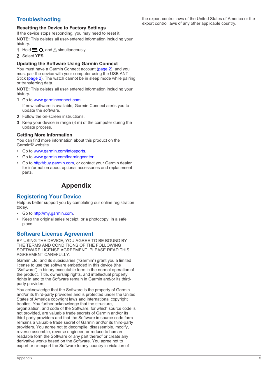Troubleshooting, Resetting the device to factory settings, Updating the software using garmin connect | Getting more information, Appendix, Registering your device, Software license agreement, Registering your device software license agreement | Garmin Swim User Manual | Page 9 / 12