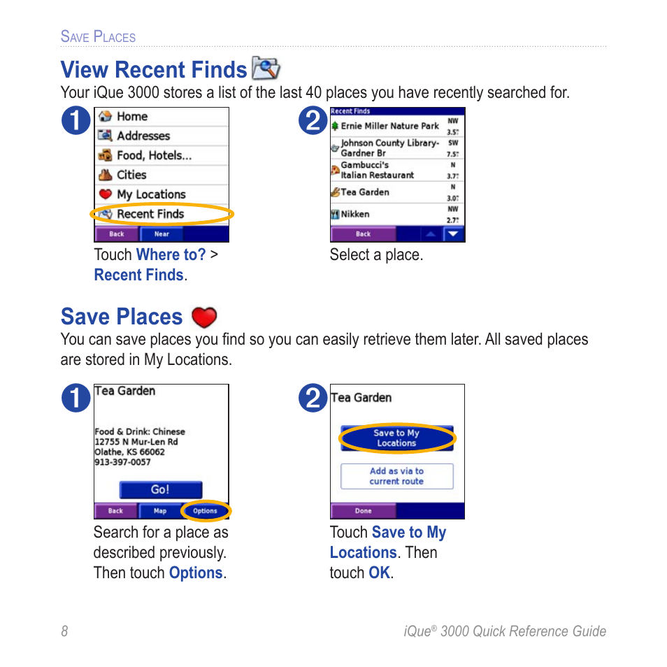 Save places, View recent finds | Garmin iQue 3000 User Manual | Page 12 / 36