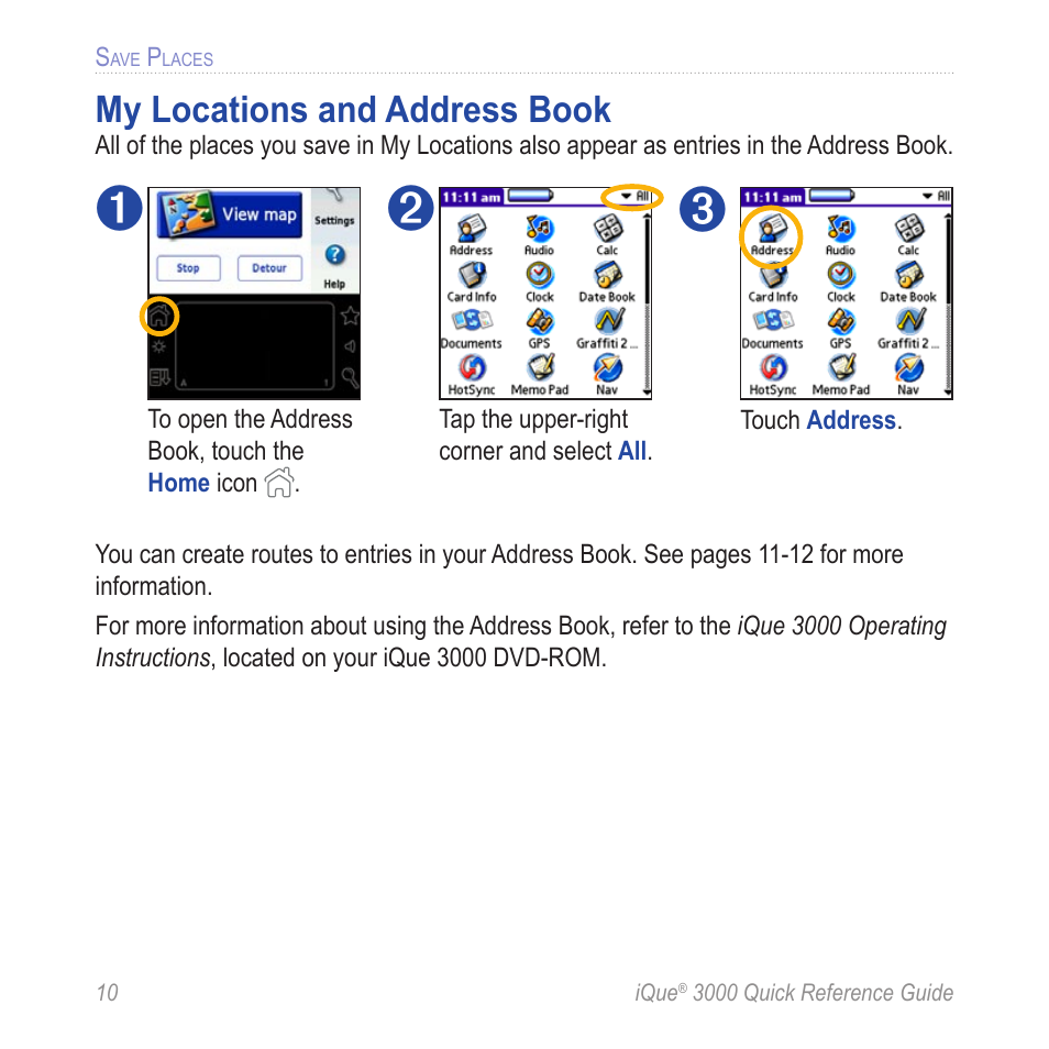 My locations and address book | Garmin iQue 3000 User Manual | Page 14 / 36