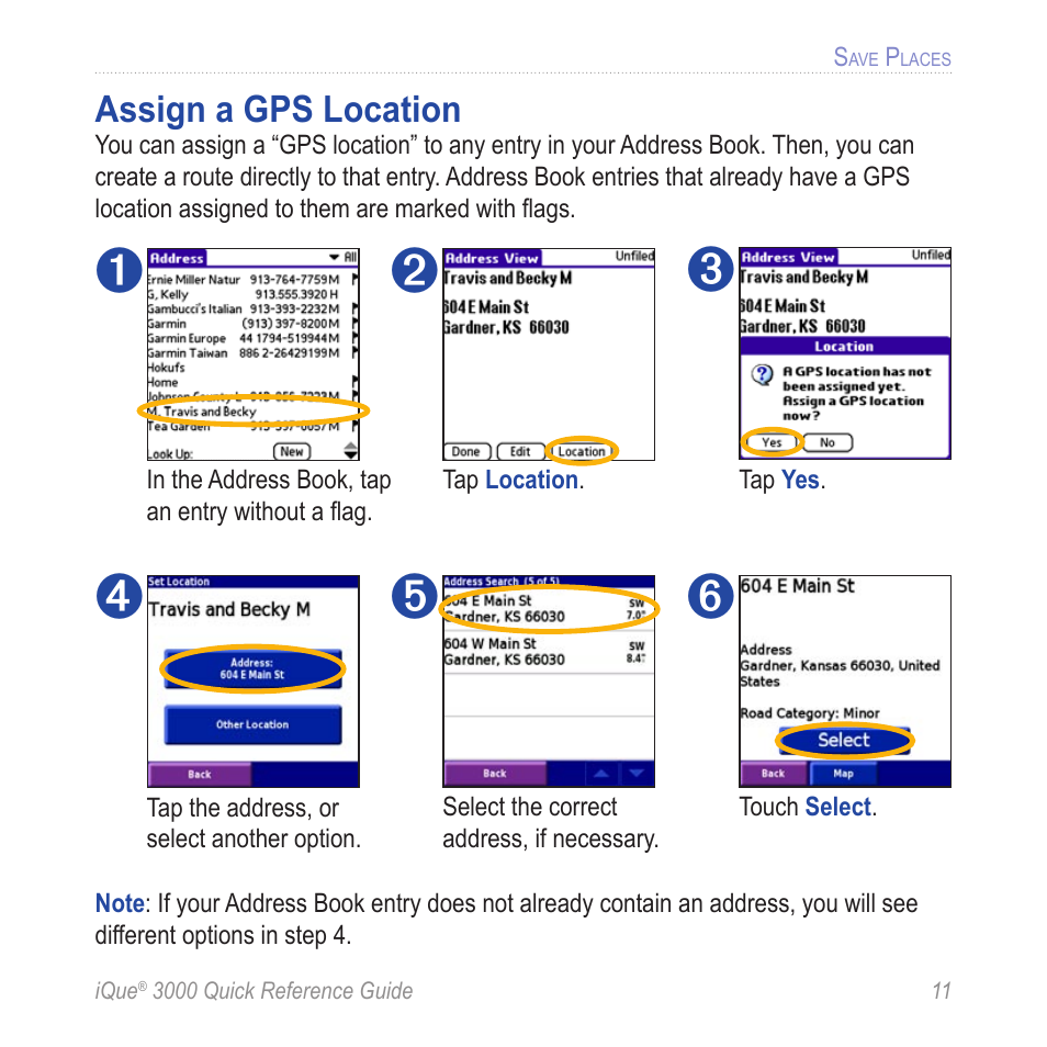 Assign a gps location | Garmin iQue 3000 User Manual | Page 15 / 36