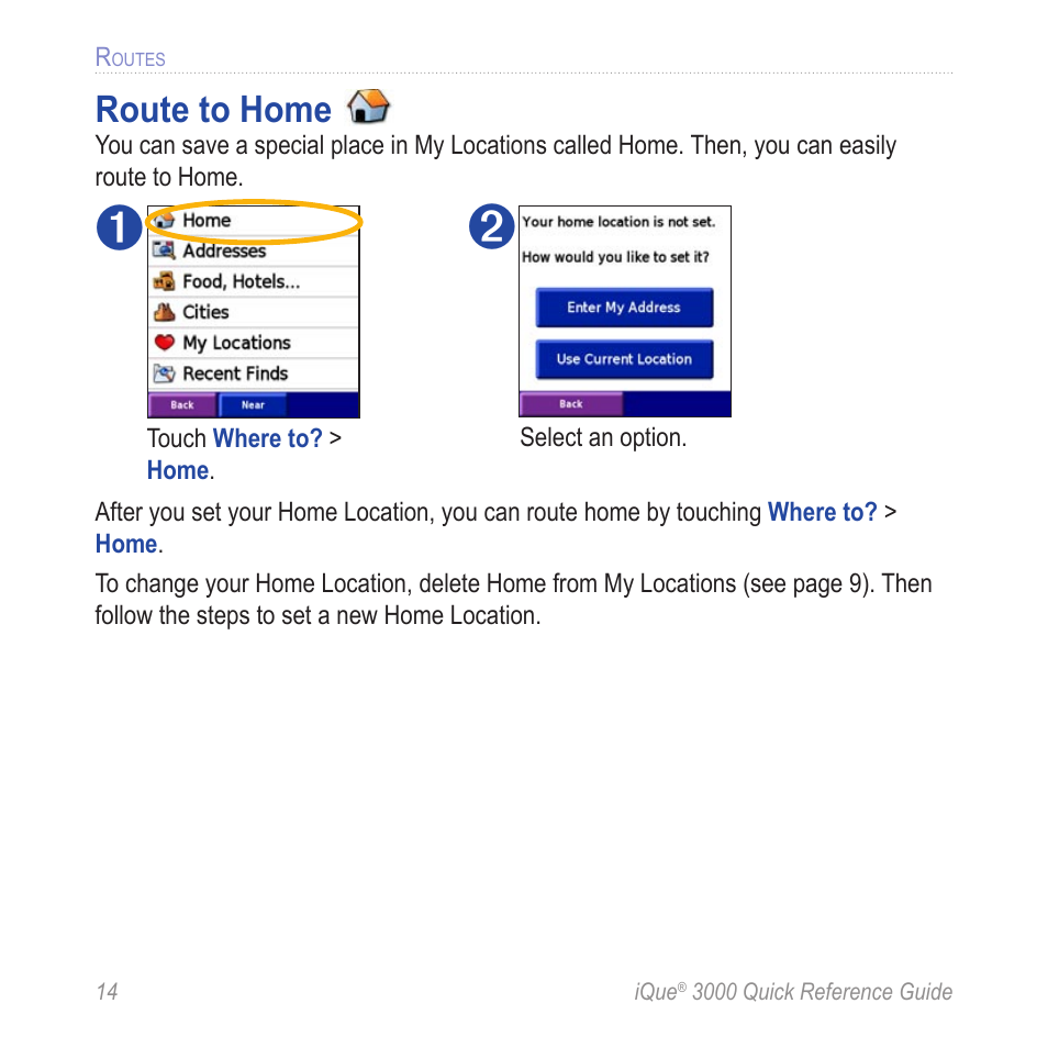 Routes, Route to home | Garmin iQue 3000 User Manual | Page 18 / 36