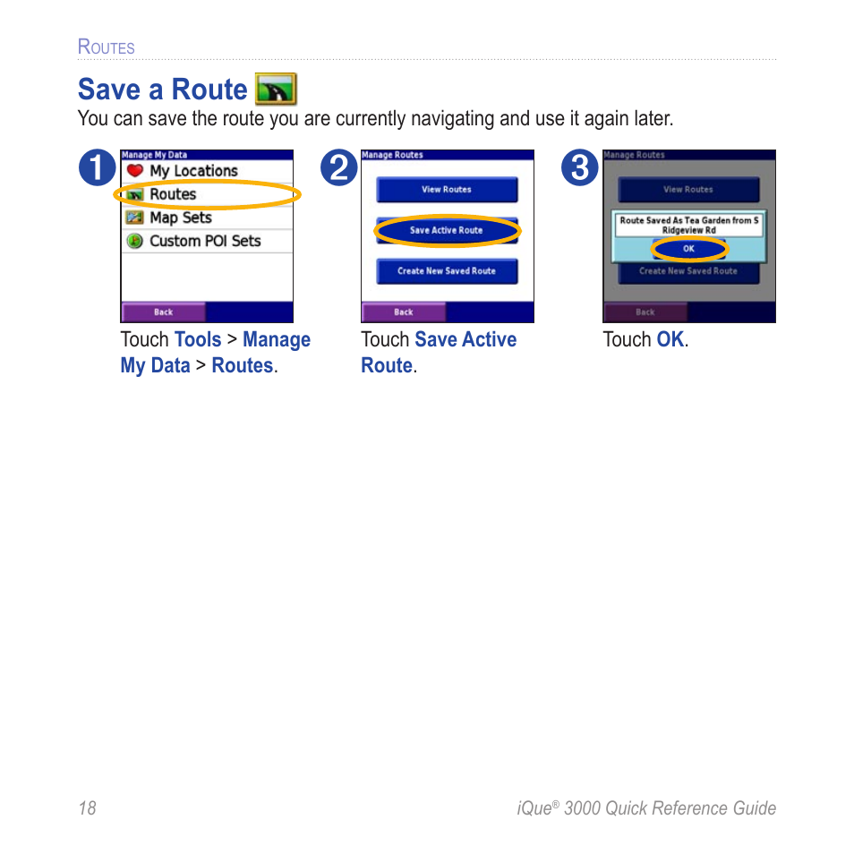 Save a route | Garmin iQue 3000 User Manual | Page 22 / 36