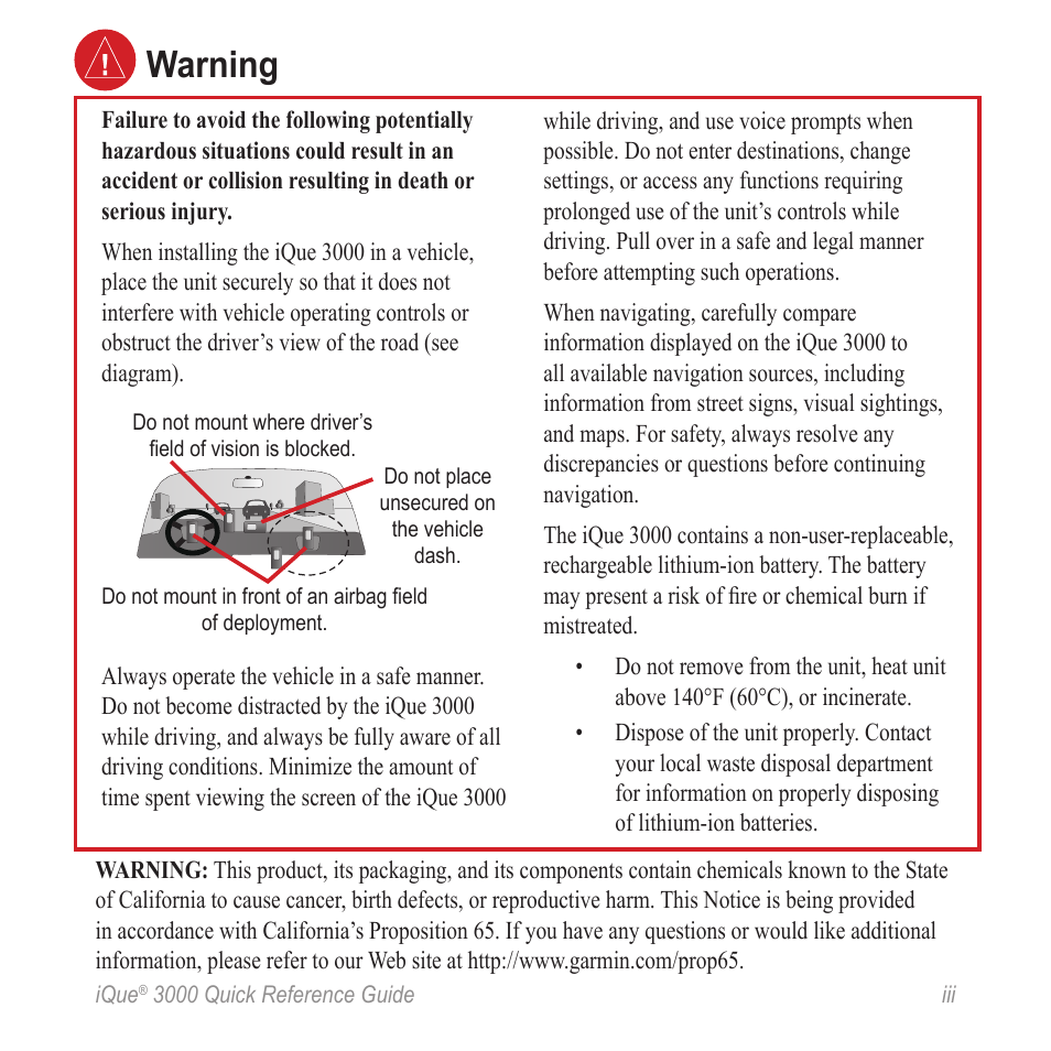 Warning | Garmin iQue 3000 User Manual | Page 3 / 36