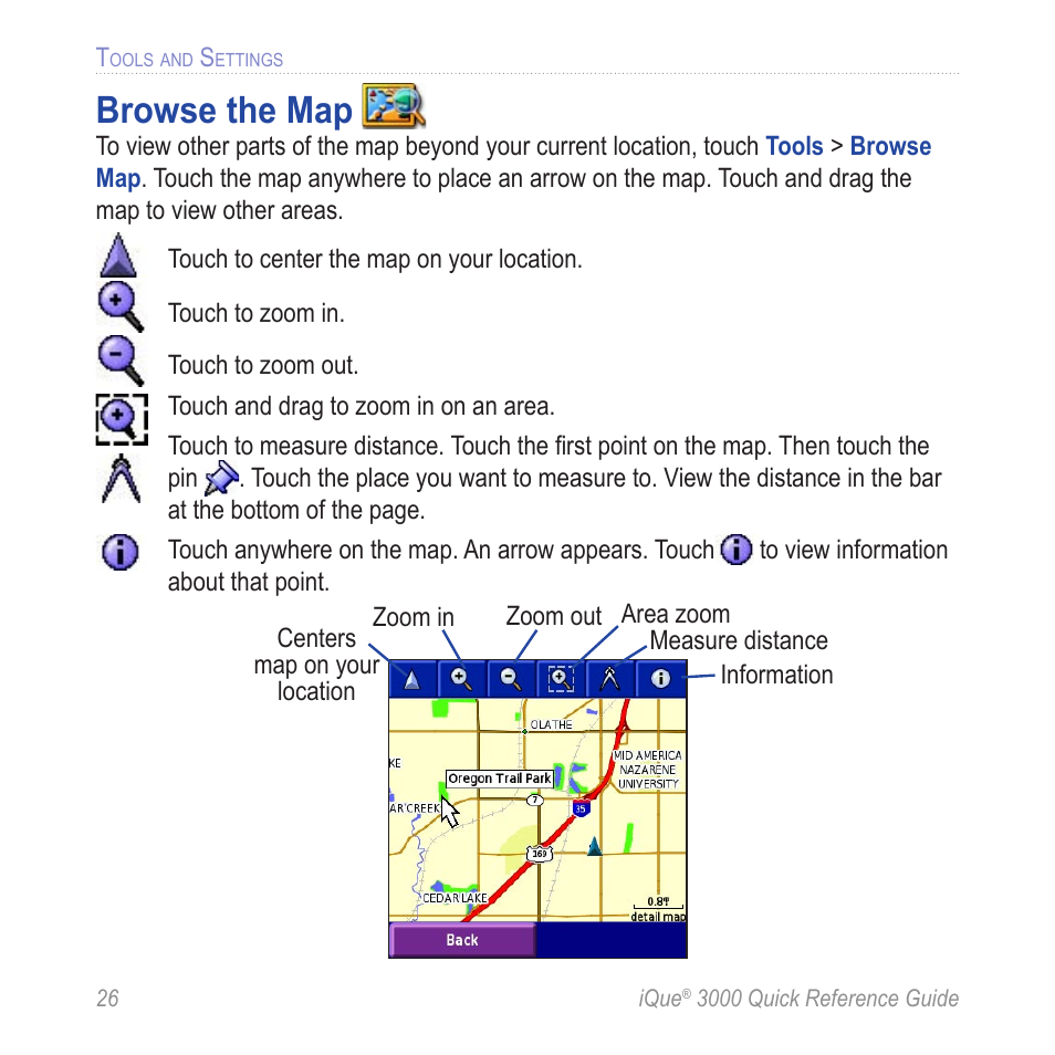 Tools and settings, Browse the map | Garmin iQue 3000 User Manual | Page 30 / 36