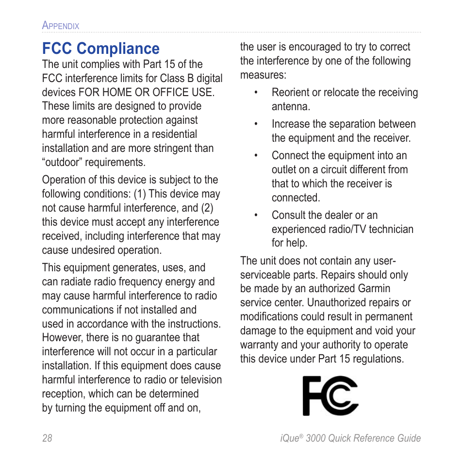 Appendix, Fcc compliance | Garmin iQue 3000 User Manual | Page 32 / 36