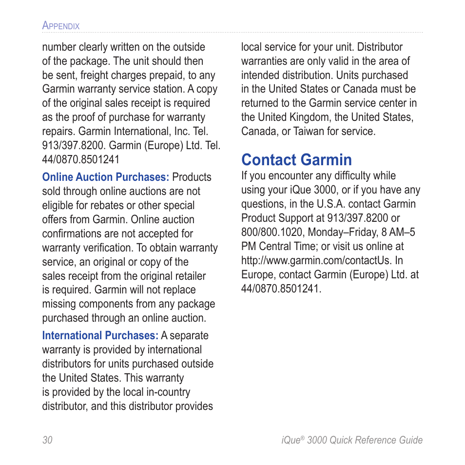 Contact garmin | Garmin iQue 3000 User Manual | Page 34 / 36