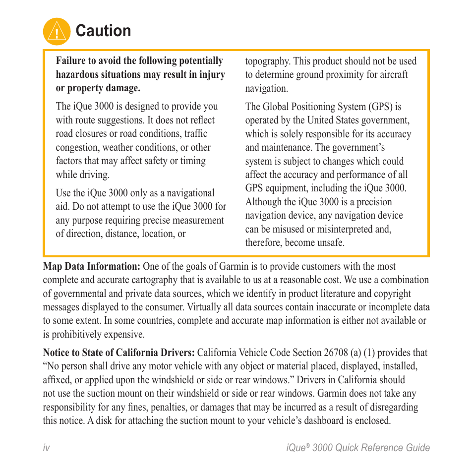 Caution | Garmin iQue 3000 User Manual | Page 4 / 36