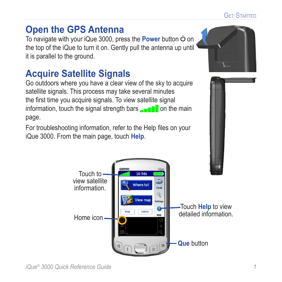 Get started, Open the gps antenna, Acquire satellite signals | Garmin iQue 3000 User Manual | Page 5 / 36