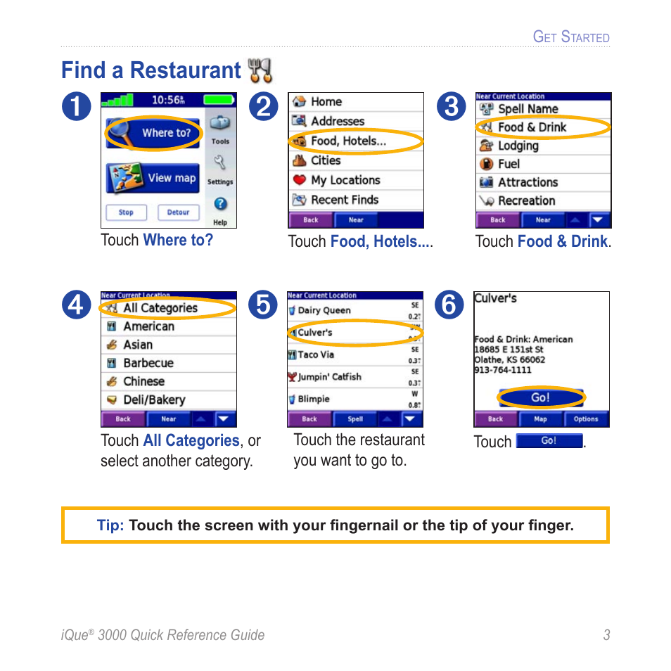 Find a restaurant | Garmin iQue 3000 User Manual | Page 7 / 36