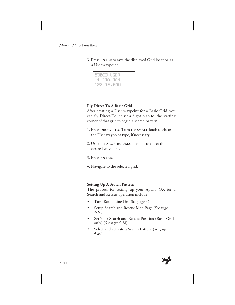 Fly direct to a basic grid 4-32, Setting up a search pattern 4-32, Fly direct to a basic grid -32 | Setting up a search pattern -32 | Garmin APOLLO GX65 User Manual | Page 110 / 336