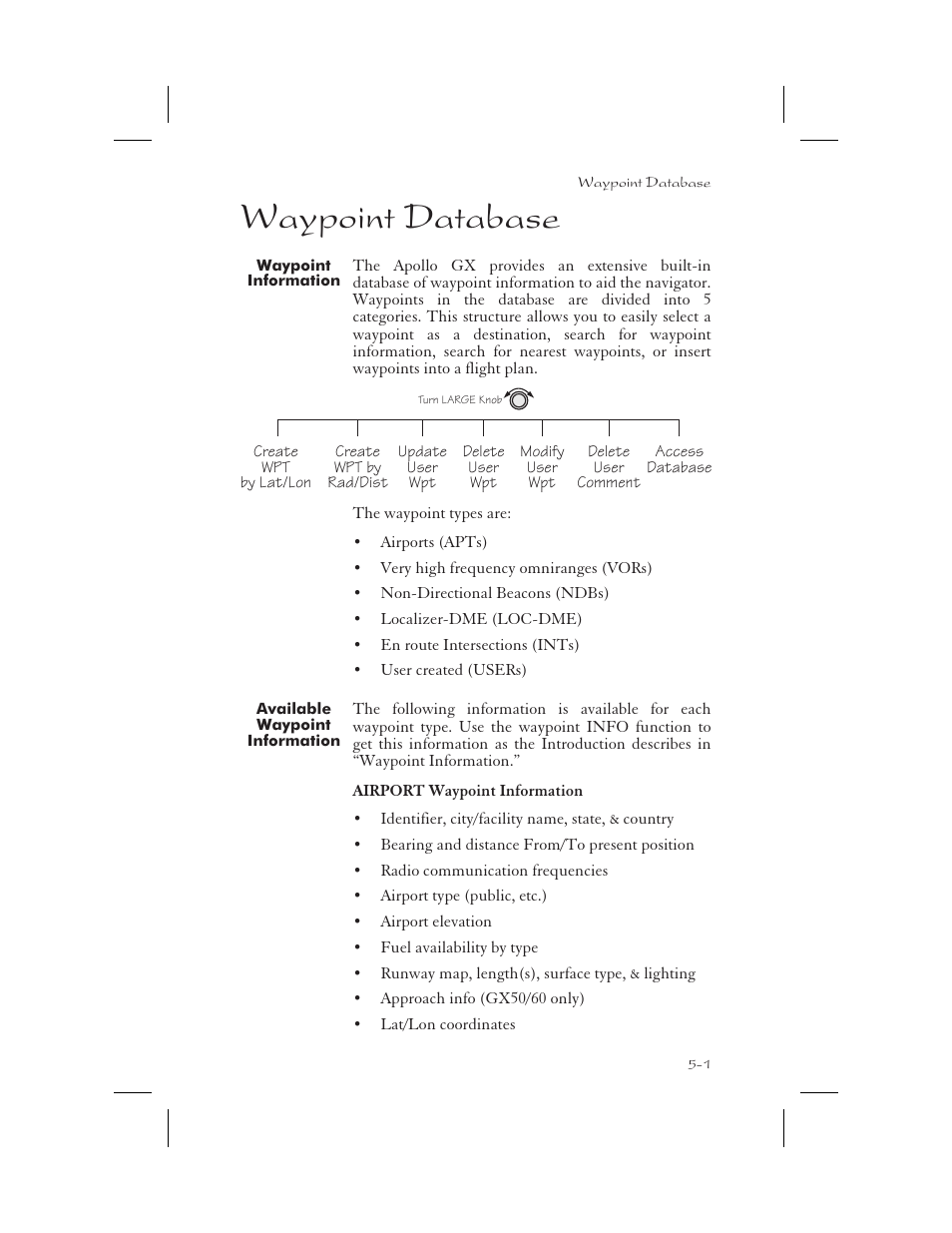 Waypoint database 5-1, Waypoint information 5-1, Available waypoint information 5-1 | Airport info 5-1, Database 5-1 - 5-16, Waypoint database -1, Waypoint information -1, Available waypoint information -1, Waypoint database | Garmin APOLLO GX65 User Manual | Page 111 / 336