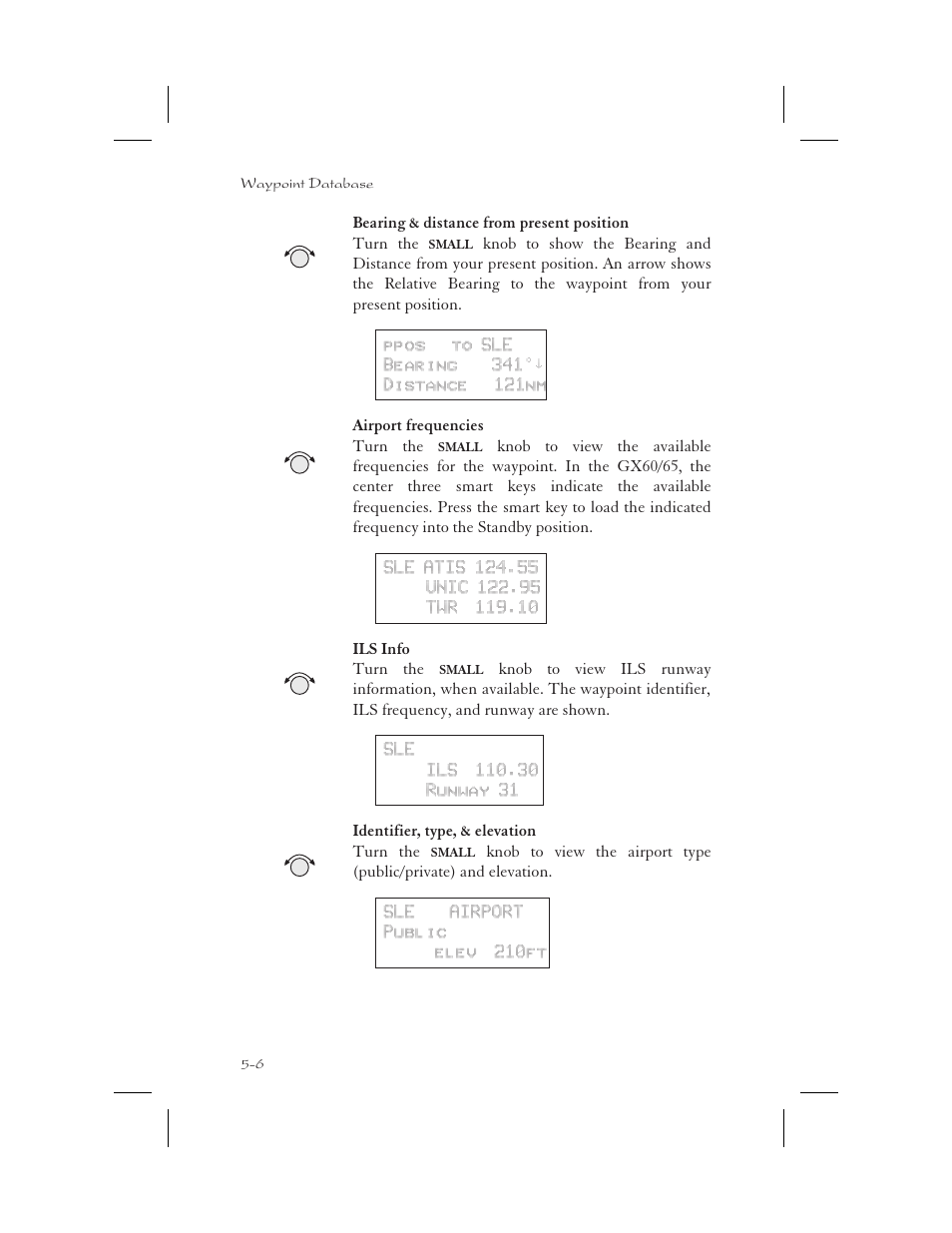 Airport elevation 5-6, Airport frequency 5-6, Elevation 5-6 | Ils runway 5-6 | Garmin APOLLO GX65 User Manual | Page 116 / 336