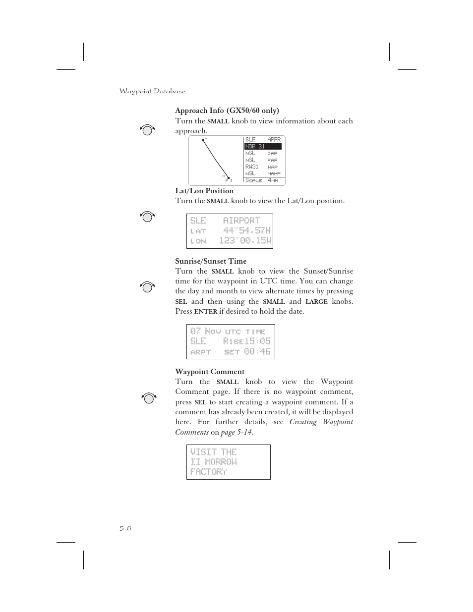 Waypoint info 5-8, Lat/lon position 5-8, Sunset/sunrise time 5-8 | Comment 5-8 | Garmin APOLLO GX65 User Manual | Page 118 / 336