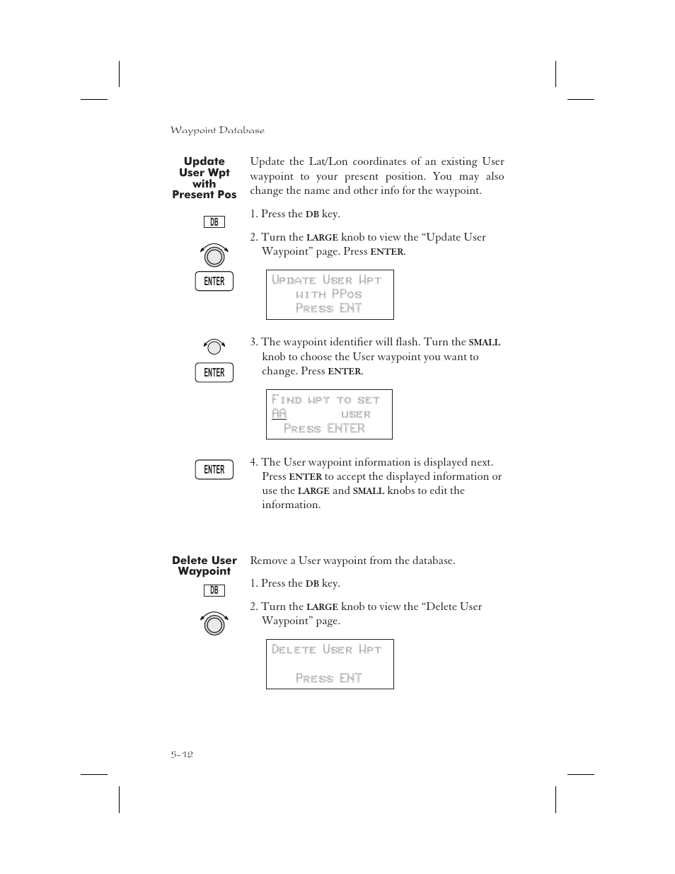Update user wpt with present pos 5-12, Delete user waypoint 5-12, Update user wpt 5-12 | Delete 5-12, Update position 5-12, Update user 5-12, Update user wpt with present pos -12, Delete user waypoint -12 | Garmin APOLLO GX65 User Manual | Page 122 / 336
