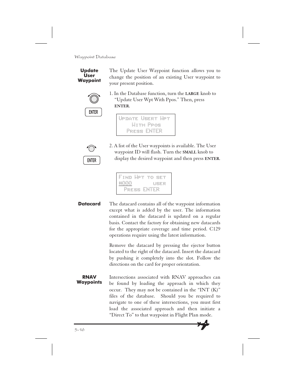 Update user waypoint 5-16, Datacard 5-16, Rnav waypoints 5-16 | Rnav 5-16, 9-1, Update user waypoint -16, Datacard -16, Rnav waypoints -16 | Garmin APOLLO GX65 User Manual | Page 126 / 336