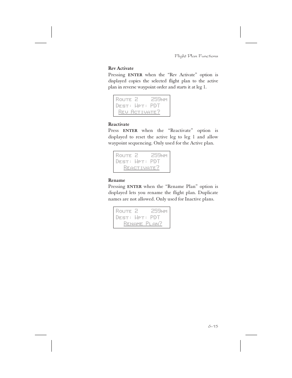 Rev activate 6-15, Reactivate 6-15, Rename 6-15 | Rename flight plan 6-15, Rev activate -15, Reactivate -15, Rename -15 | Garmin APOLLO GX65 User Manual | Page 141 / 336