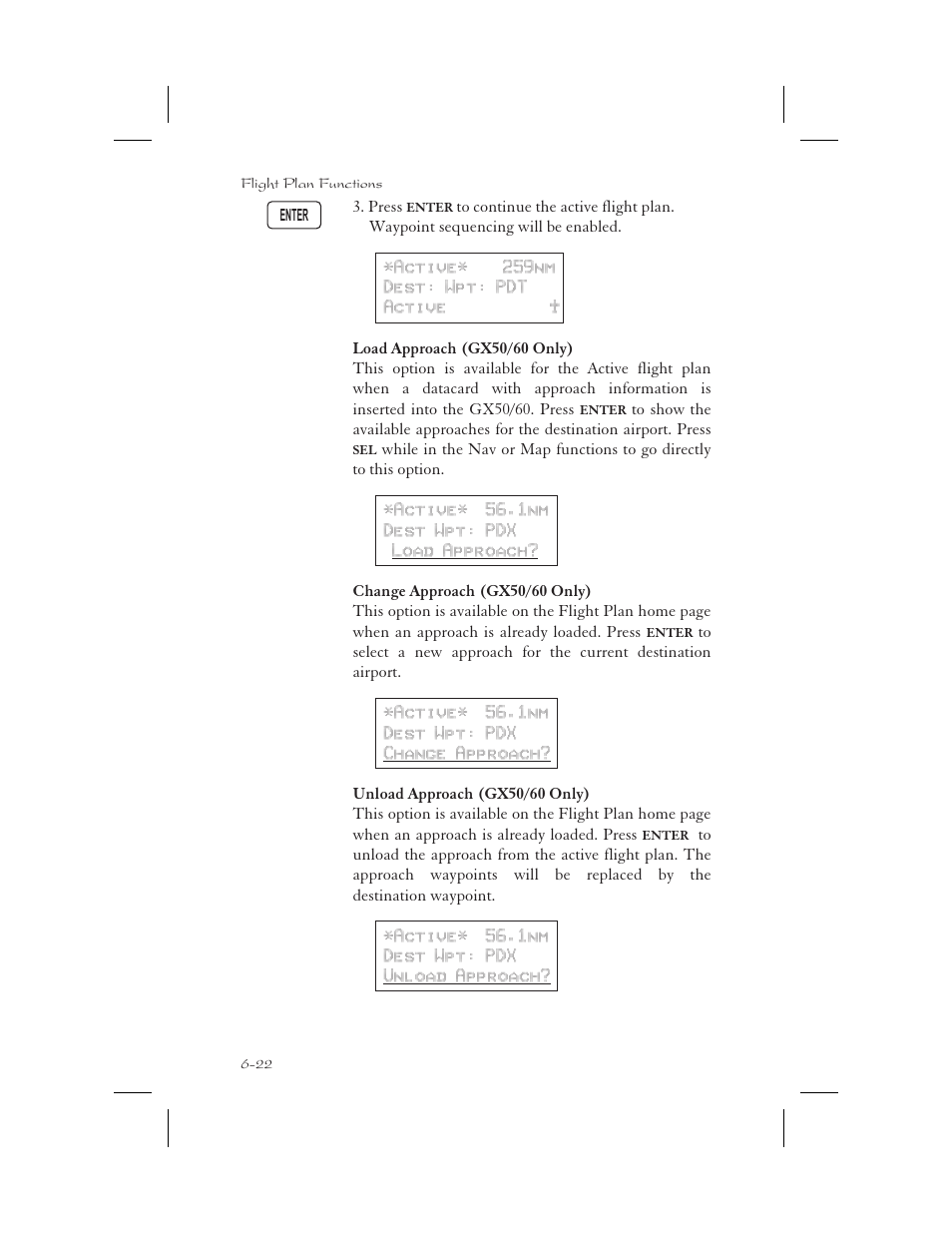 Load approach (gx50/60 only) 6-22, Change approach (gx50/60 only) 6-22, Unload approach (gx50/60 only) 6-22 | Change 6-22, Load 6-22, Unload 6-22, Change approach 6-22, Load approach 6-22, 9-7, Unload approach 6-22, Load approach (gx50/60 only) -22 | Garmin APOLLO GX65 User Manual | Page 148 / 336