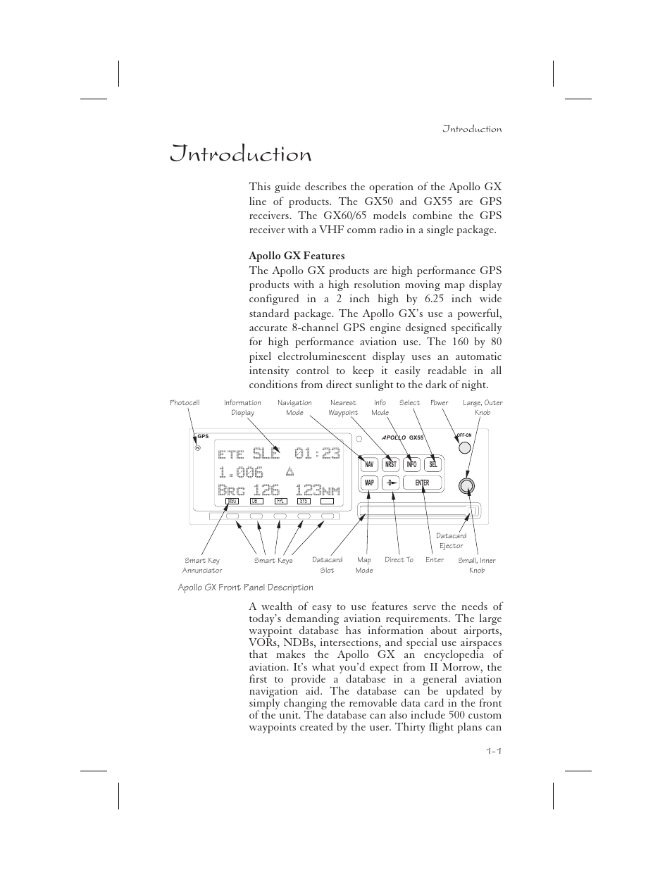 Introduction 1-1, Apollo gx features 1-1, Introduction -1 | Apollo gx features -1, Introduction | Garmin APOLLO GX65 User Manual | Page 15 / 336