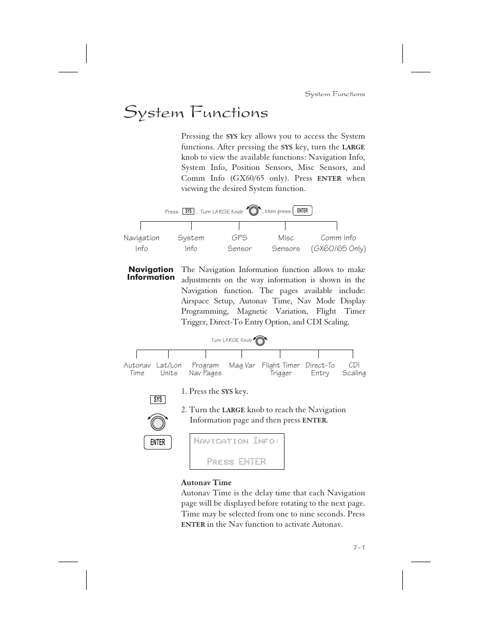 System functions 7-1, Navigation information 7-1, Autonav time 7-1 | System 7-1 - 7-24, Navigation info 7-1, System functions -1, Navigation information -1, Autonav time -1, System functions | Garmin APOLLO GX65 User Manual | Page 153 / 336