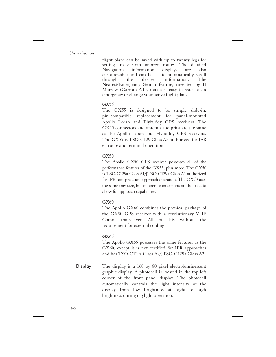 Display 1-2, Gx50 description 1-2, Gx55 description 1-2 | Gx60 description 1-2, Photocell 1-2, Display -2 | Garmin APOLLO GX65 User Manual | Page 16 / 336