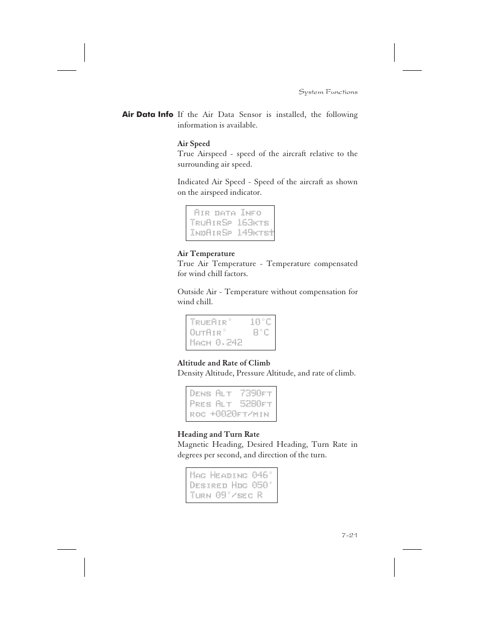 Air data info 7-21, Air speed 7-21, Air temperature 7-21 | Altitude and rate of climb 7-21, Heading and turn rate 7-21, Altitude 7-21, 14-2, Density altitude 7-21, Desired heading 7-21, Indicated air speed 7-21, Outside air temperature 7-21 | Garmin APOLLO GX65 User Manual | Page 173 / 336