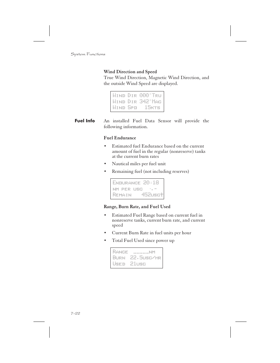 Wind direction and speed 7-22, Fuel info 7-22, Fuel endurance 7-22 | Range, burn rate, and fuel used 7-22, Burn rate 7-22, Fuel range 7-22, Fuel used 7-22, Magnetic wind direction 7-22, Speed 7-22, True wind direction 7-22 | Garmin APOLLO GX65 User Manual | Page 174 / 336