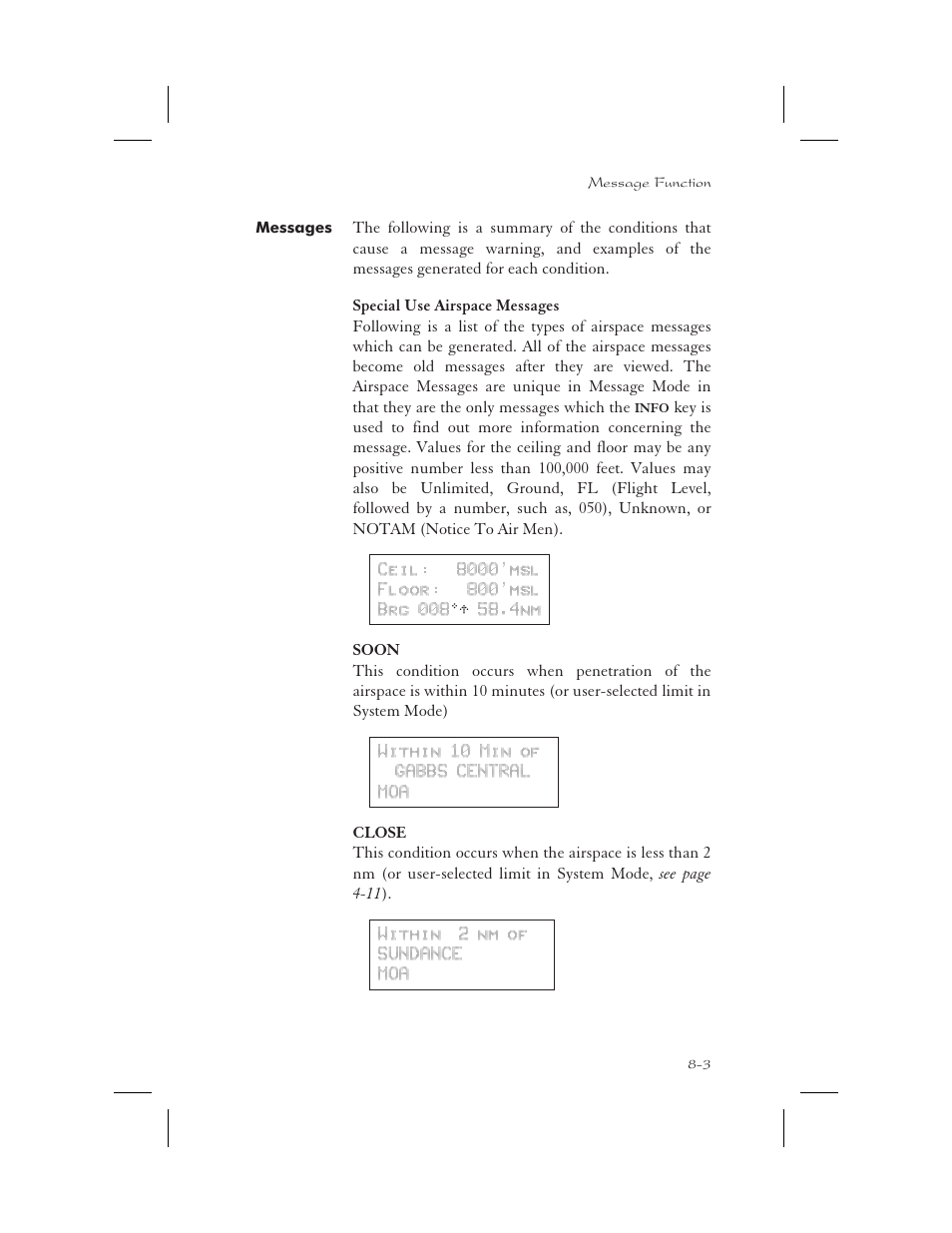 Messages 8-3, Close 8-3, Error messages 8-3 | Soon 8-3, Messages -3 | Garmin APOLLO GX65 User Manual | Page 179 / 336